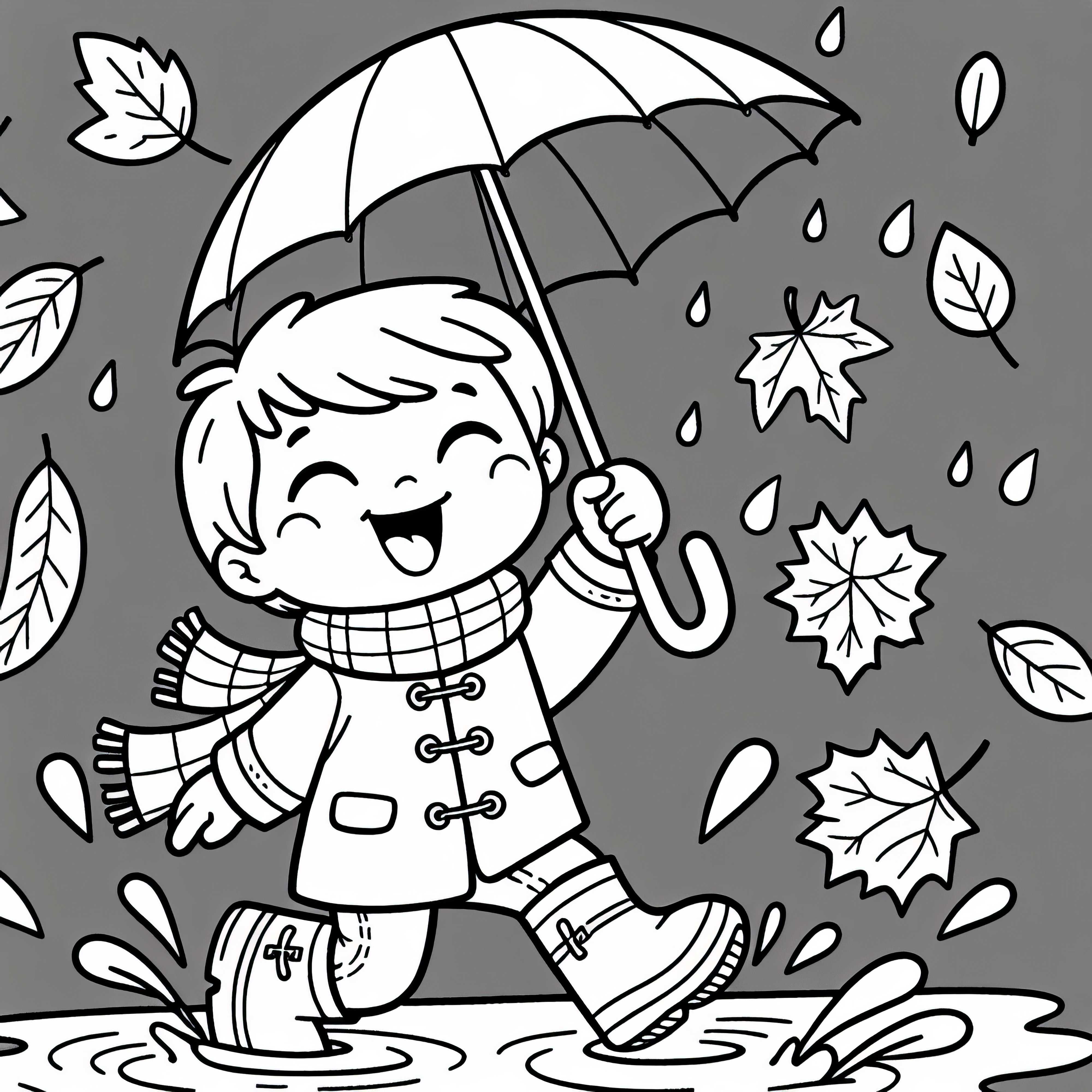 Niño salta con botas de goma y paraguas a través de charcos - Imagen para colorear de otoño gratis