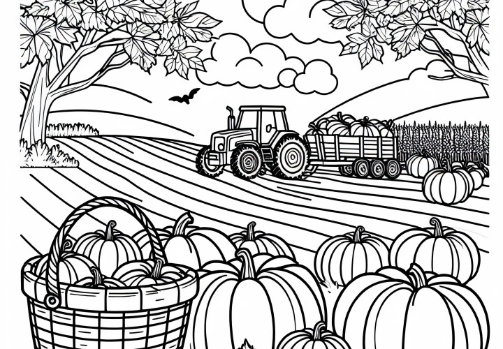 Campo con cesta de cosecha llena de calabazas y tractor al fondo - dibujo para colorear de otoño gratuito