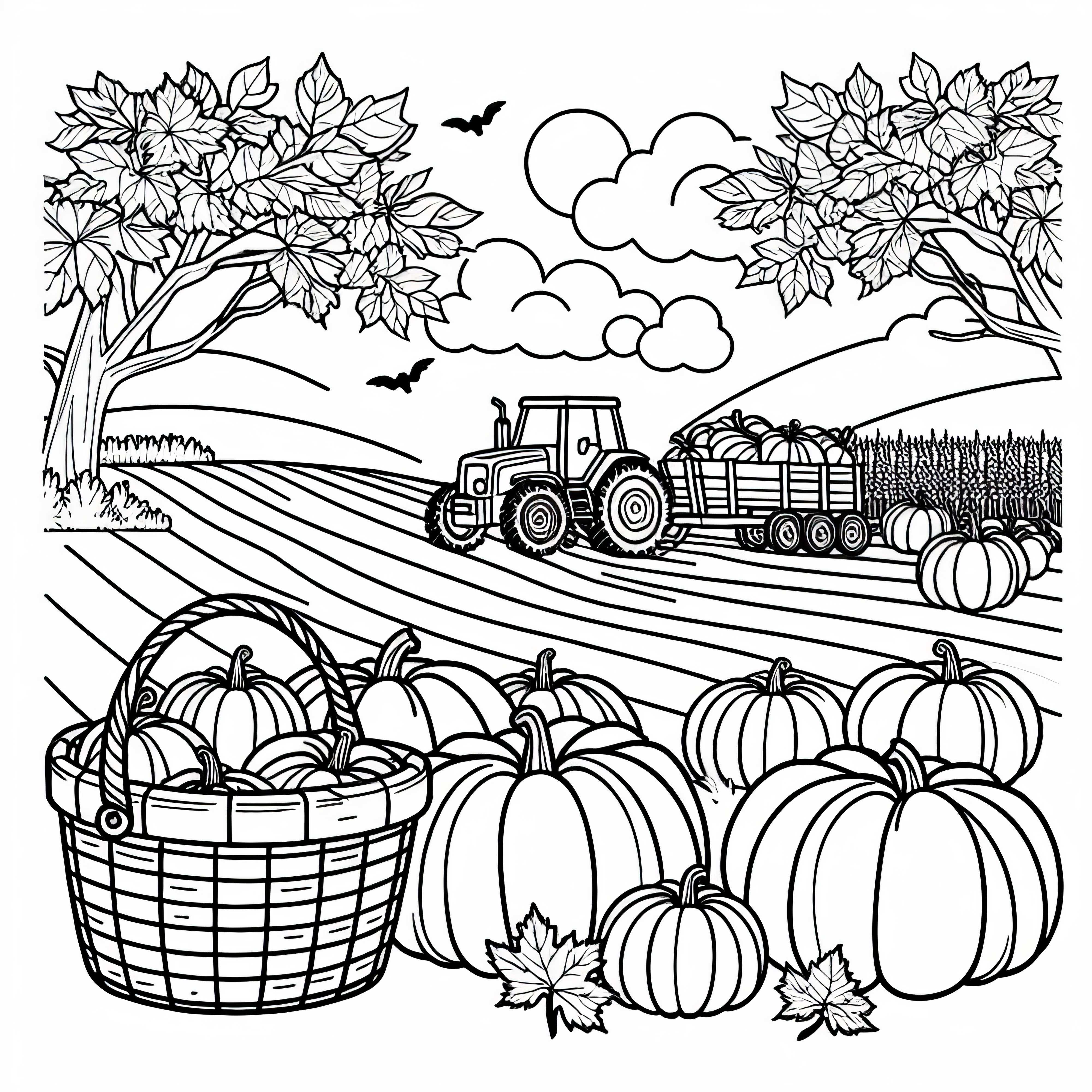 Campo con cesta de cosecha llena de calabazas y tractor de fondo - Dibujo para colorear de otoño gratis