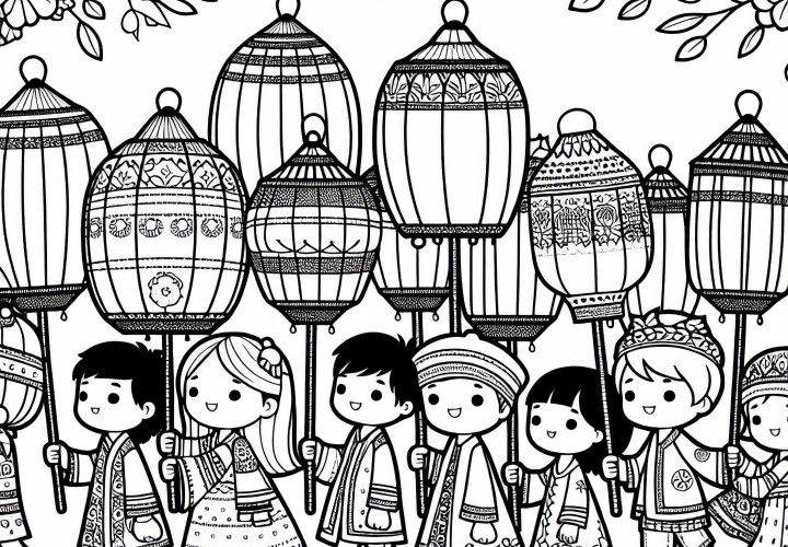 Los niños llevan farolillos durante el desfile nocturno de farolillos - Dibujo para colorear de otoño gratis