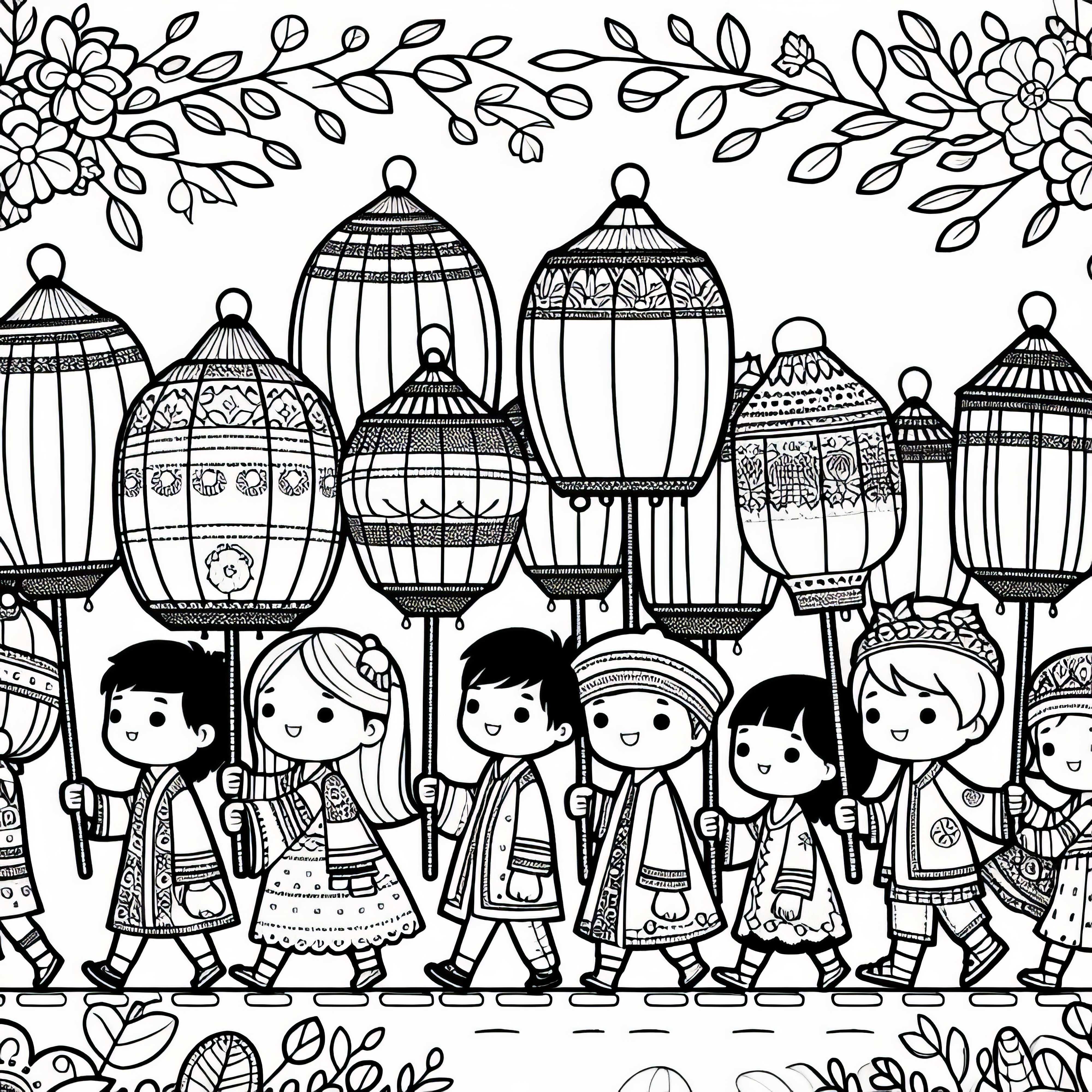 Los niños llevan faroles durante el desfile nocturno de faroles - Dibujo para colorear de otoño gratis