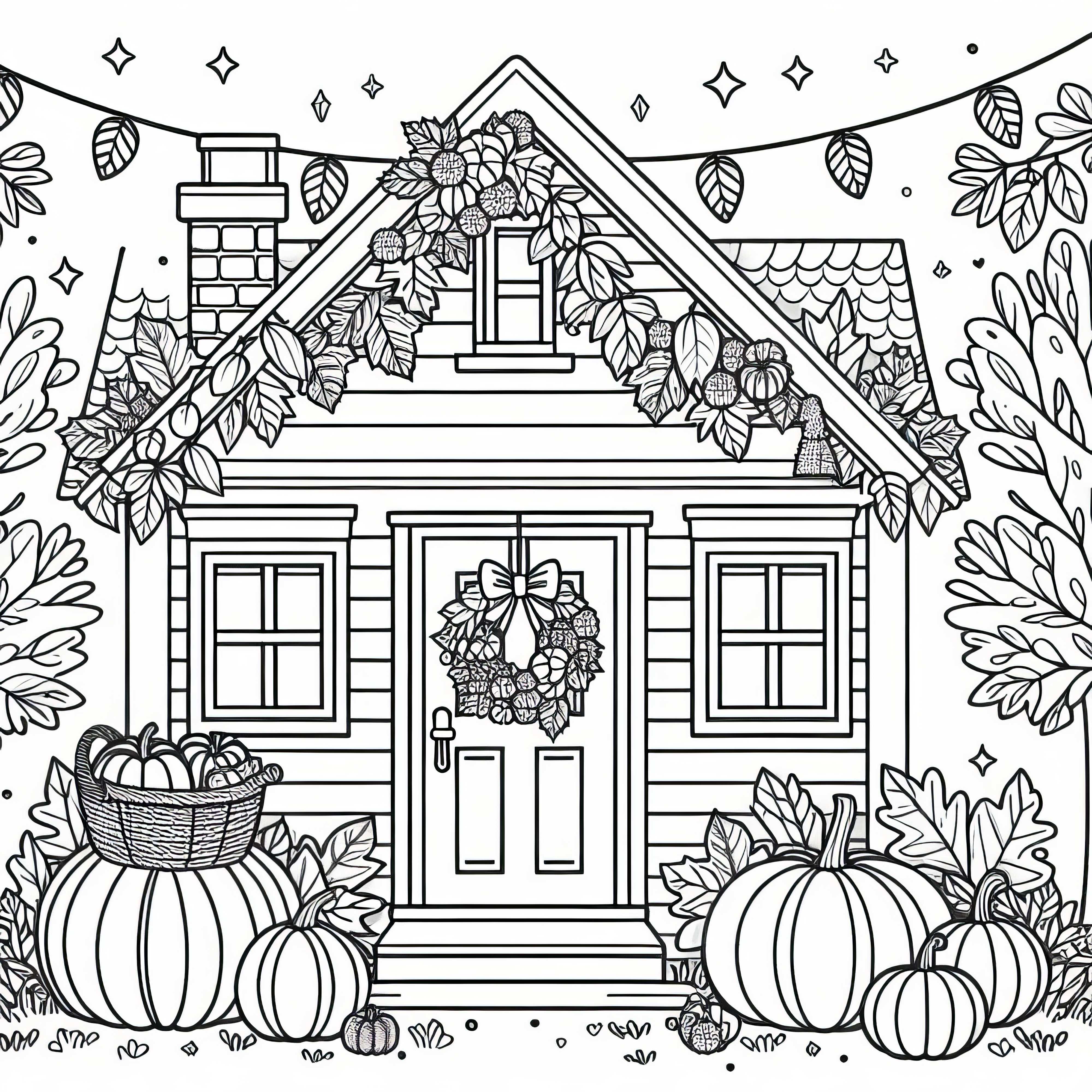 Casa con decoración de otoño, calabazas y corona de puerta - Dibujo para colorear de otoño gratis