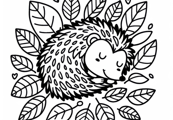 Erizo duerme enrollado en una cama de hojas - Dibujo para colorear de otoño gratis