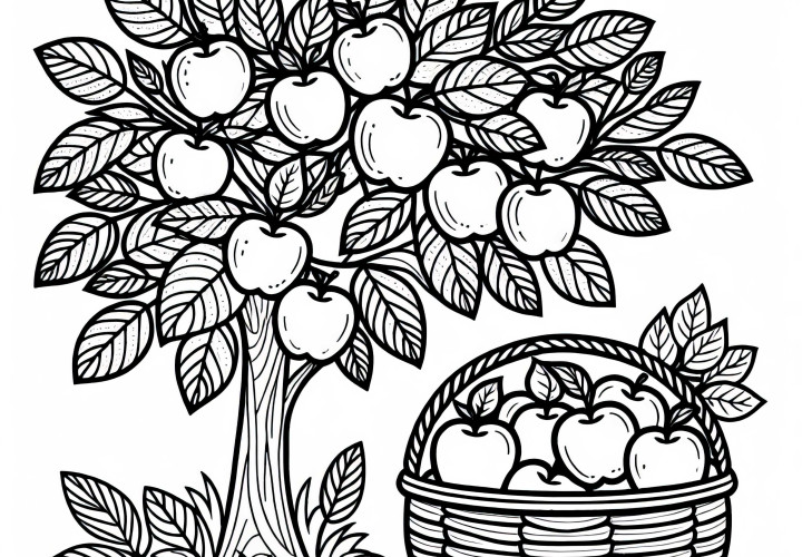 Dibujo para colorear de un manzano con frutos maduros y una cesta llena debajo en otoño