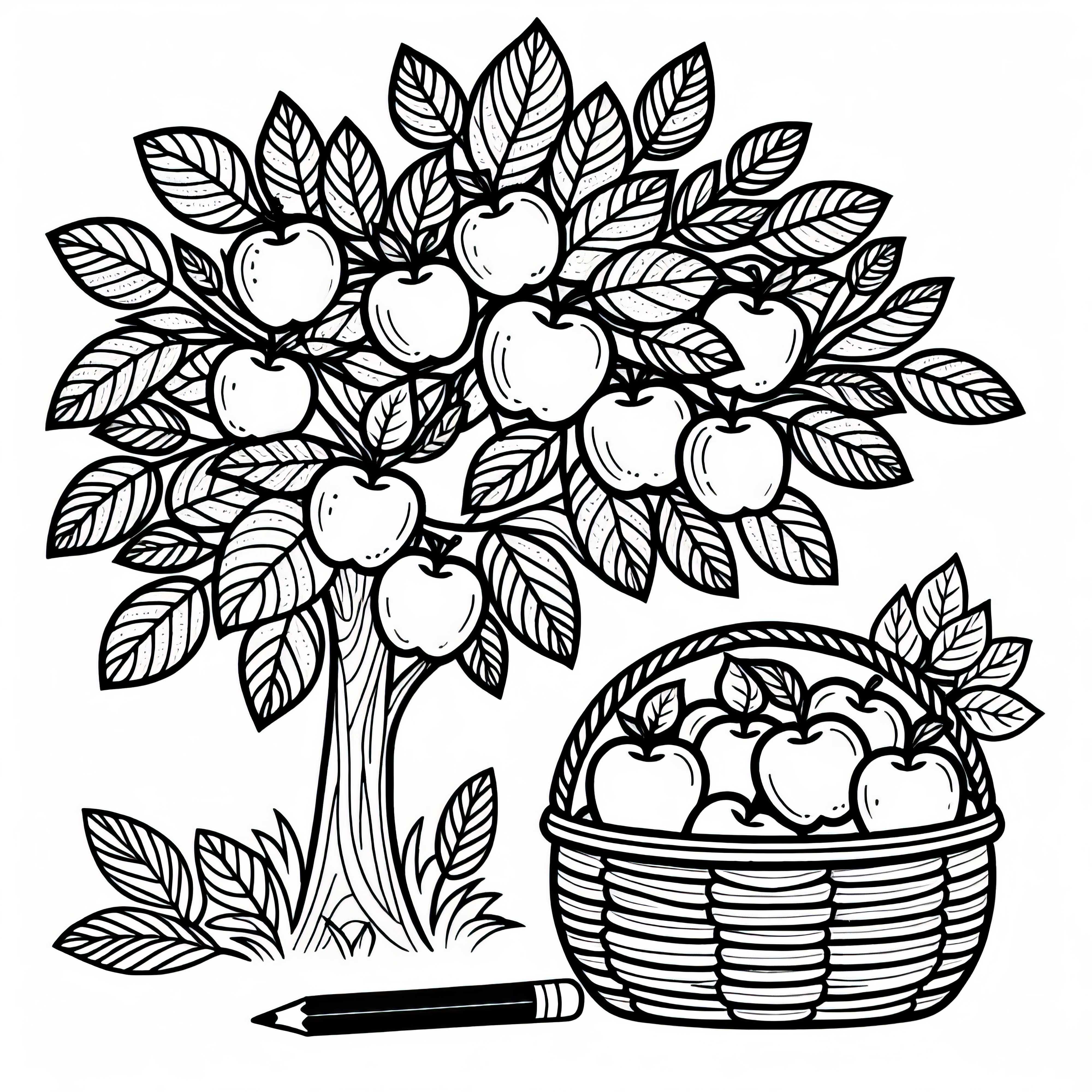 Dibujo para colorear de un manzano con frutos maduros y una cesta llena debajo en otoño