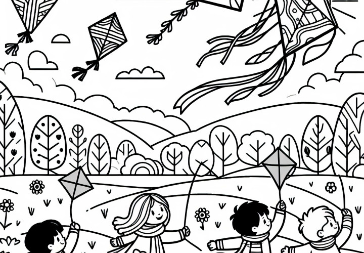 Los niños lanzan cometas en el prado - Dibujo para colorear de otoño gratuito