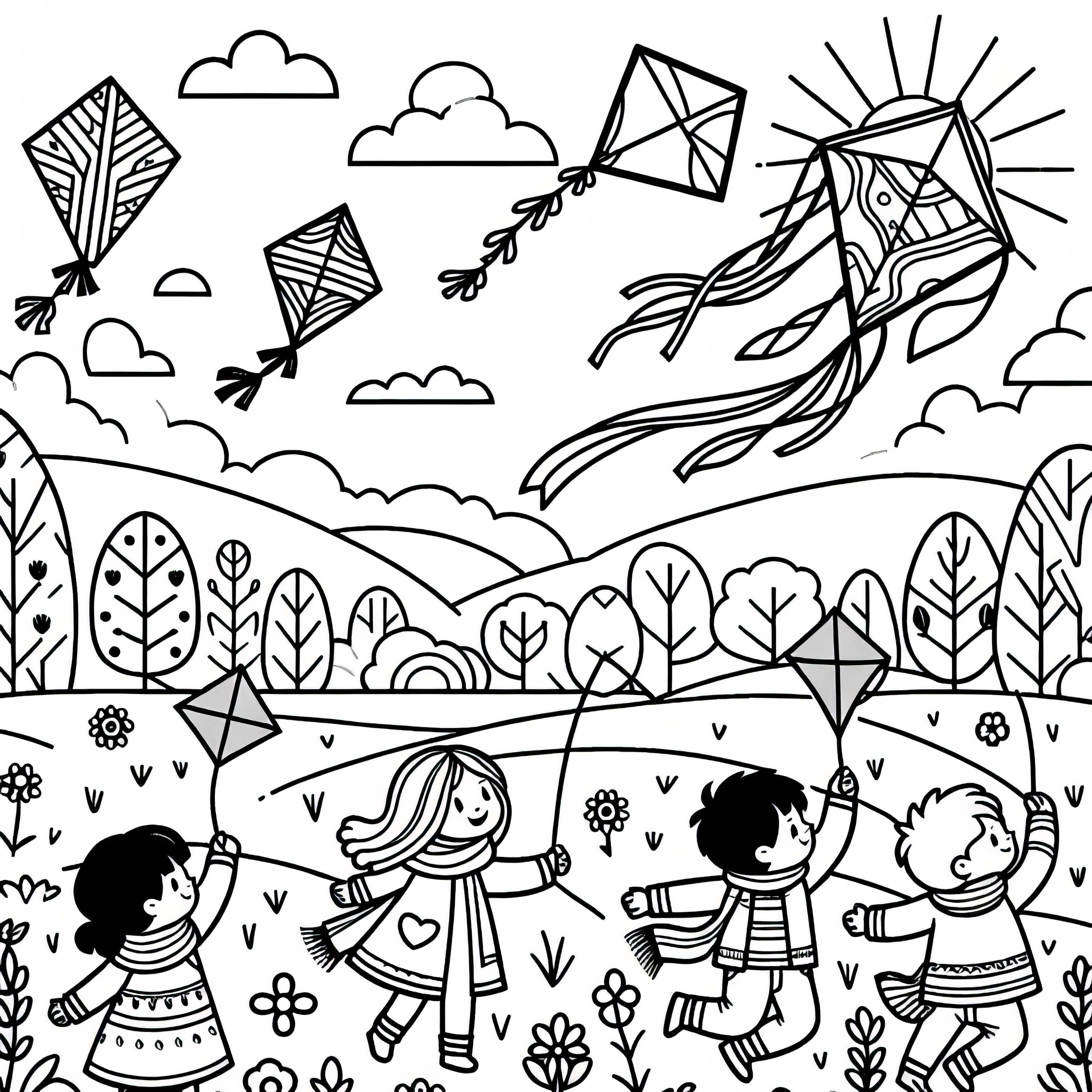 Niños levantan cometas en el prado - Dibujo para colorear de otoño gratis