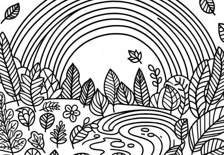 Arcoíris sobre hojas de otoño y charcos - Dibujo para colorear de otoño gratis