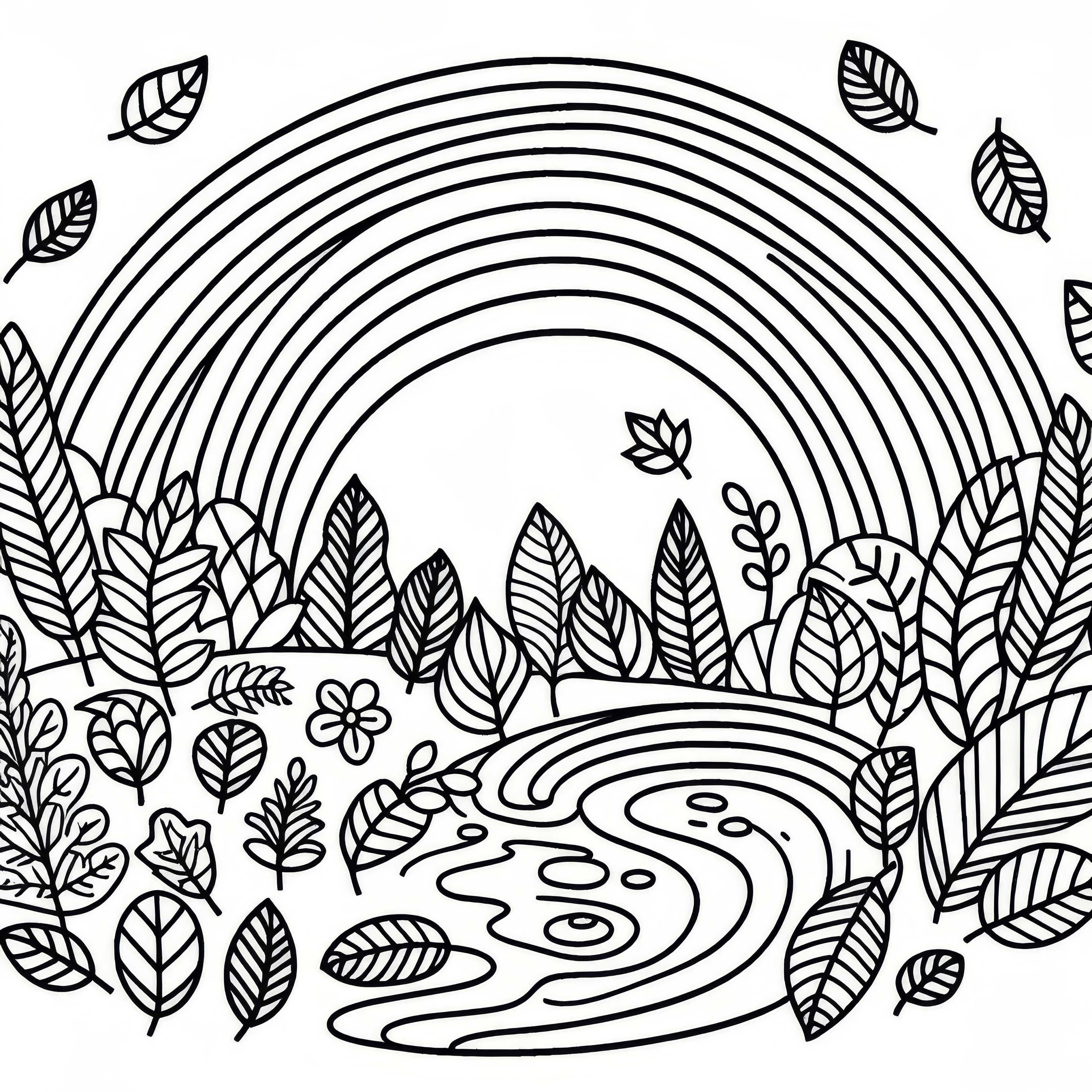 Arco iris sobre hojas de otoño y charco – Dibujo para colorear de otoño gratis