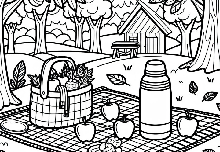 Manta de picnic en el bosque con termo y manzanas – Dibujo para colorear de otoño