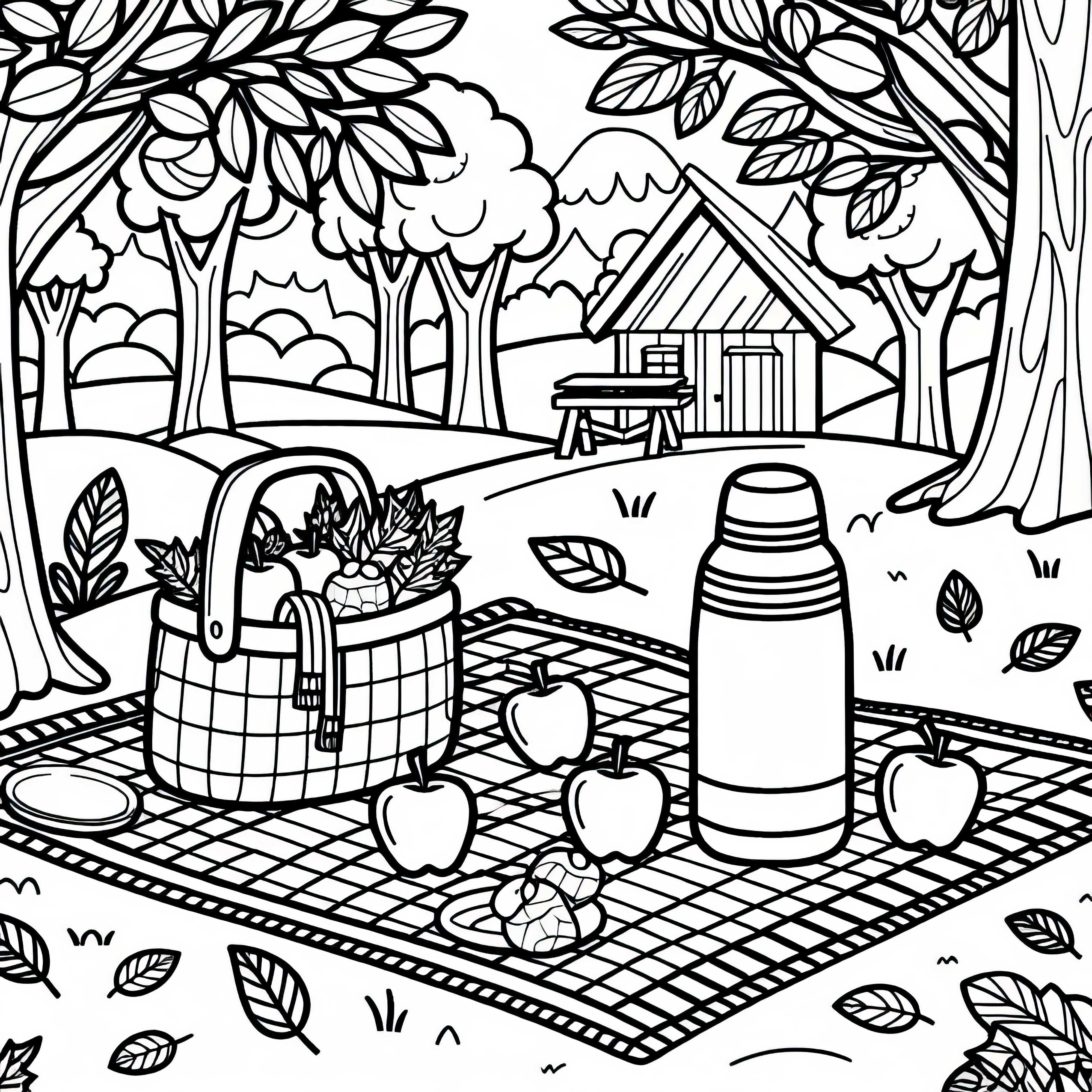 Manta de picnic en el bosque con termo y manzanas - Imagen para colorear de otoño