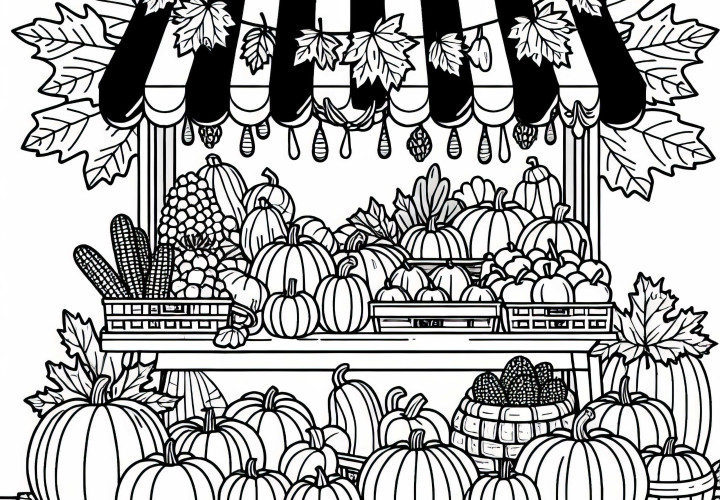 Puesto de mercado con frutas y verduras y decoración otoñal - Imagen para colorear para descargar