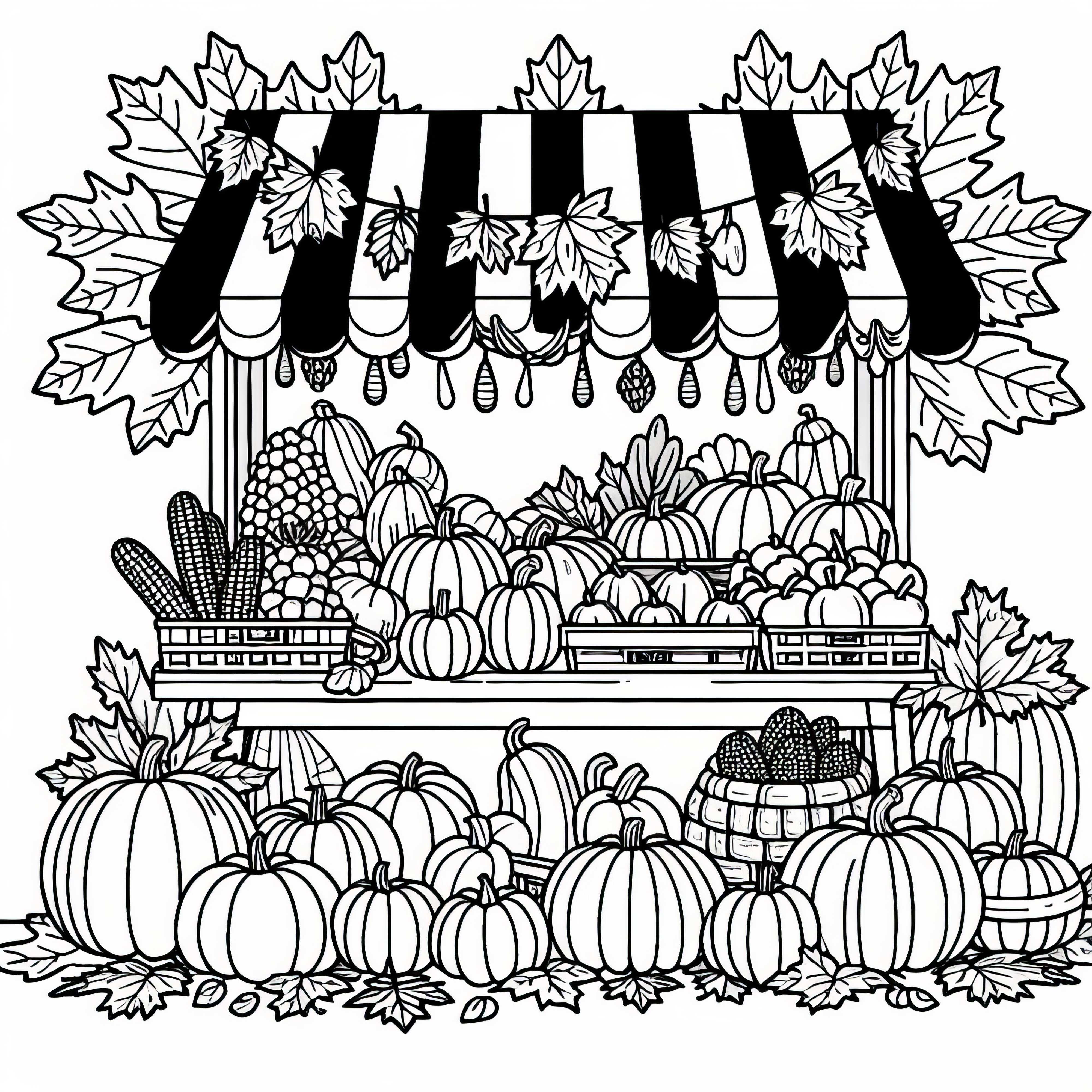 Puesto de mercado con frutas y verduras y decoración otoñal - Imagen para colorear para descargar