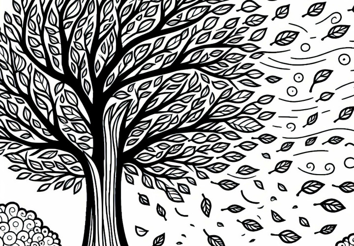 Gran árbol que pierde hojas en el viento – Dibujo para colorear de otoño gratis