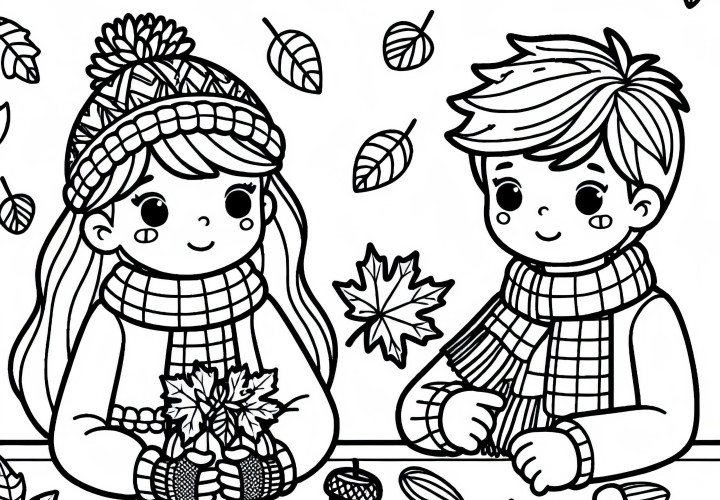 Los niños hacen manualidades con hojas y bellotas en la mesa - Imagen para colorear de otoño gratis
