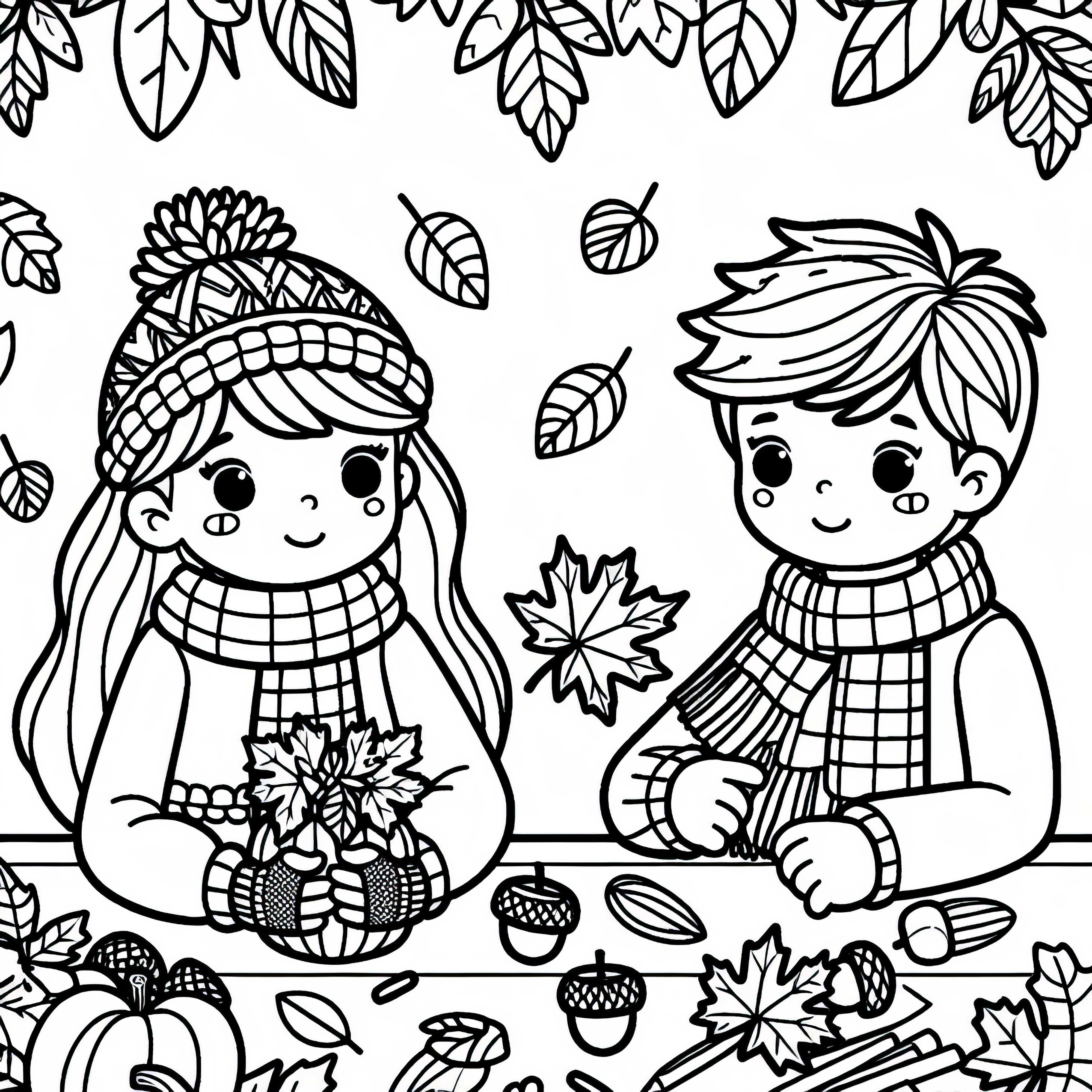 Niños haciendo manualidades con hojas y bellotas en la mesa - Dibujos para colorear de otoño gratis