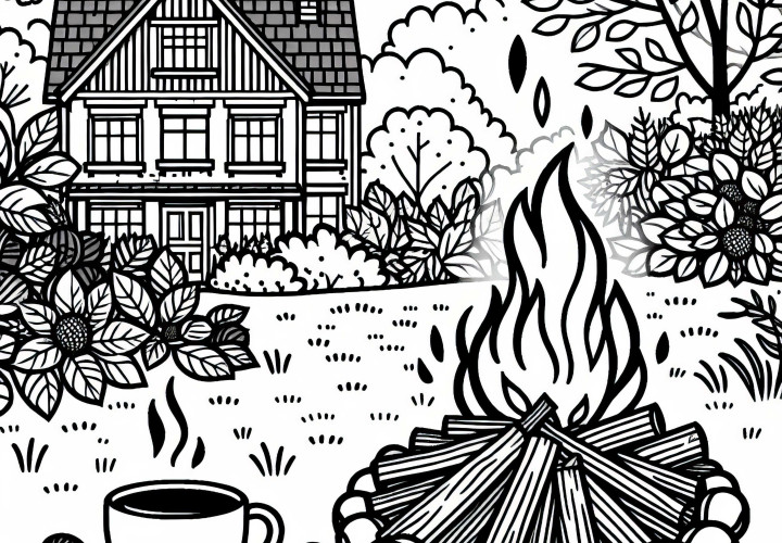 Hogueras en el jardín con castañas y té caliente - Colorear imagen de otoño gratis