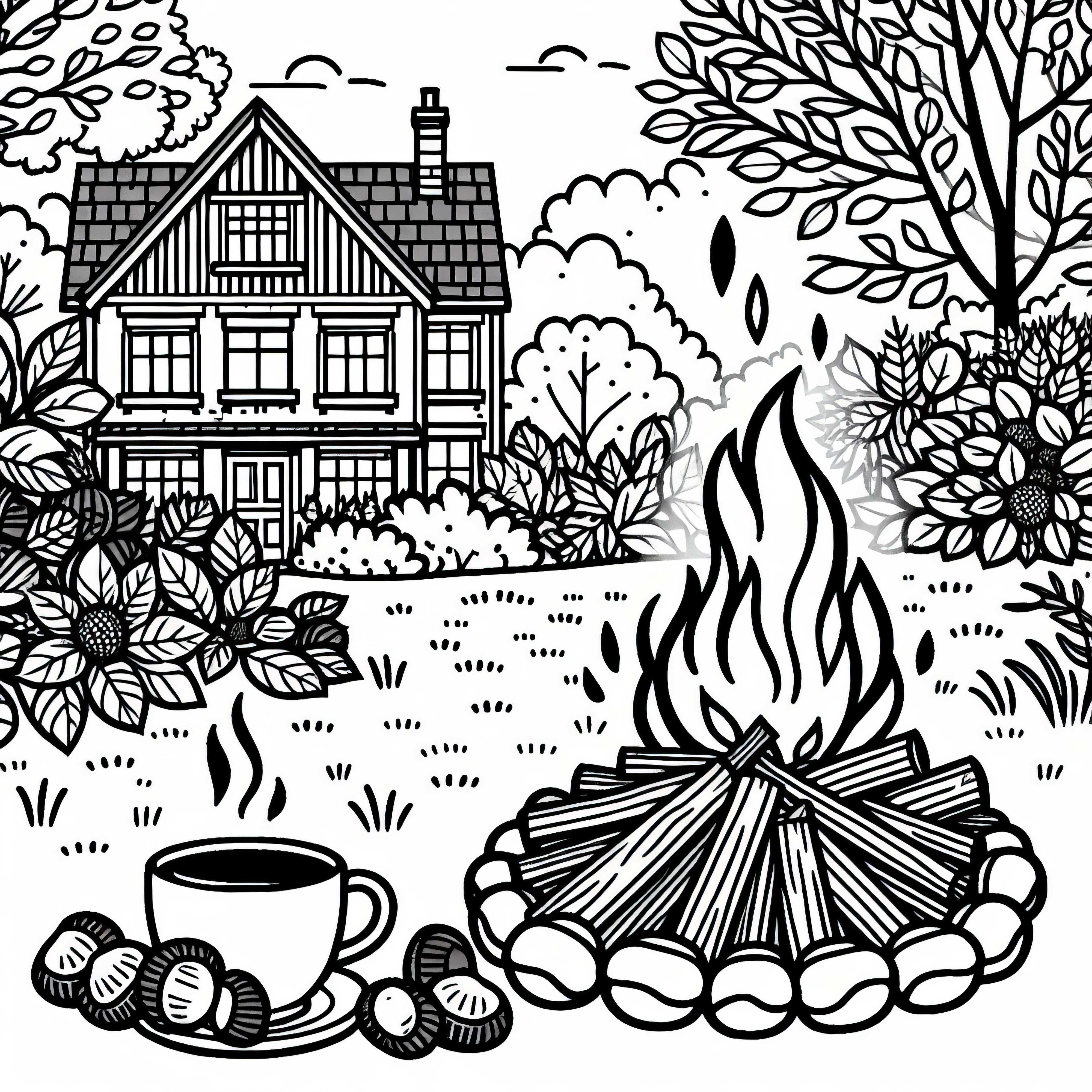 Hogueras en el jardín con castañas y té caliente - Dibujo para colorear de otoño gratuito