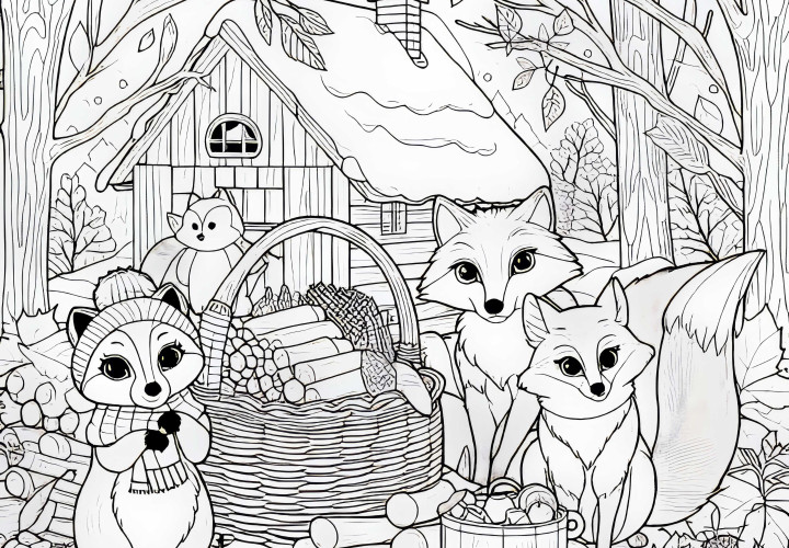 Los animales del bosque recolectan provisiones para el invierno - Dibujo para colorear de otoño gratis