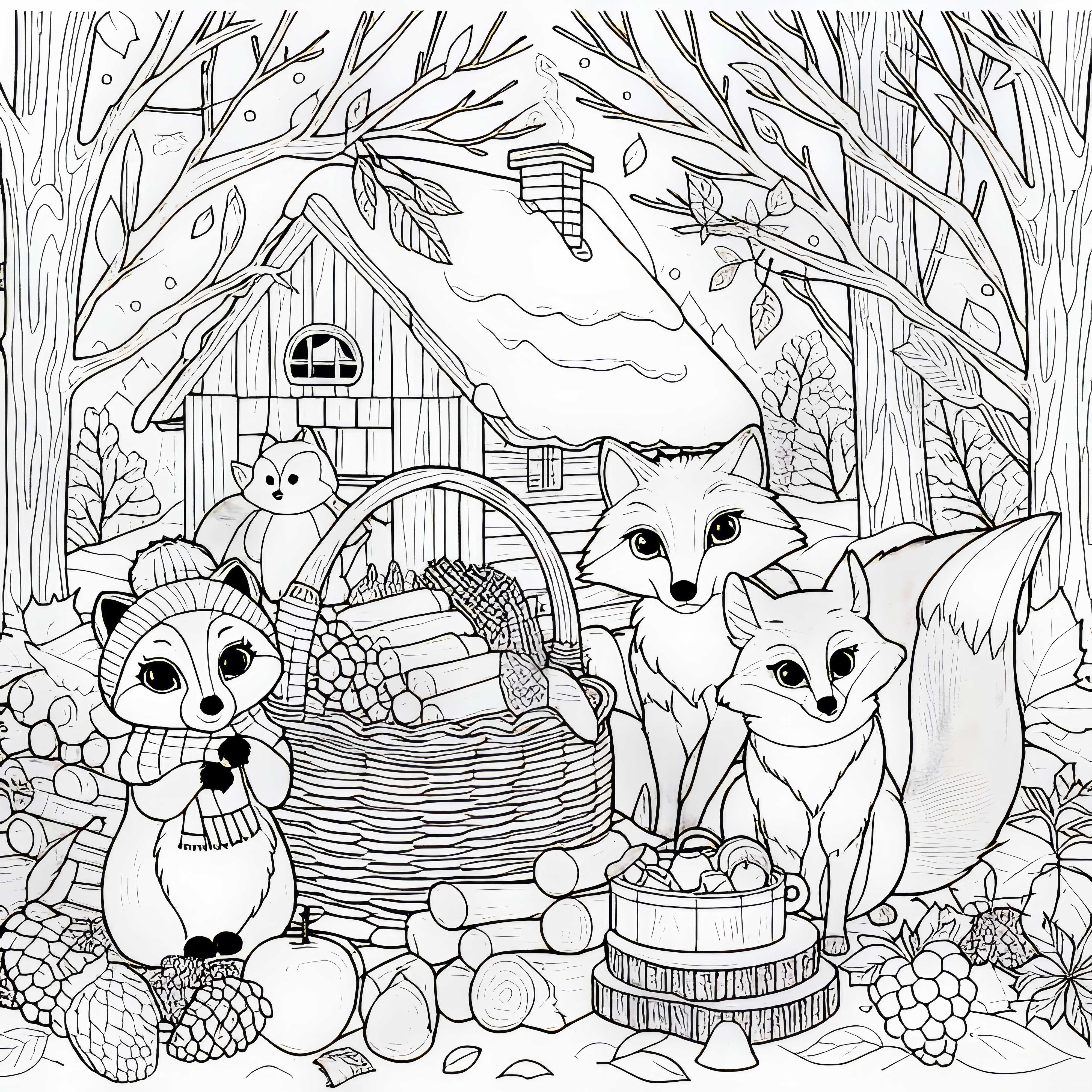 Los animales del bosque recogen provisiones para el invierno - Dibujo para colorear de otoño gratis