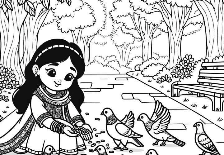 Gadis memberi makan burung dengan biji-bijian di jalan taman - Template mewarnai musim gugur gratis