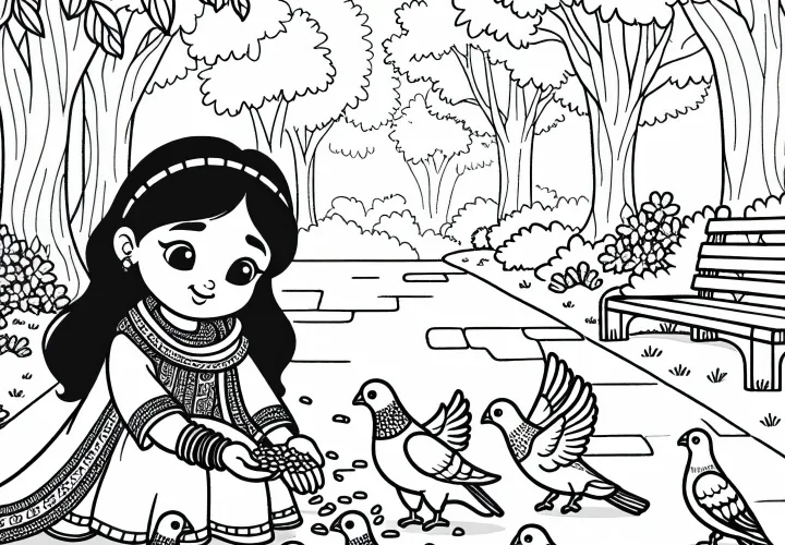 Fille nourrit des oiseaux avec des graines sur le chemin du parc - Modèle de coloriage automnal gratuit