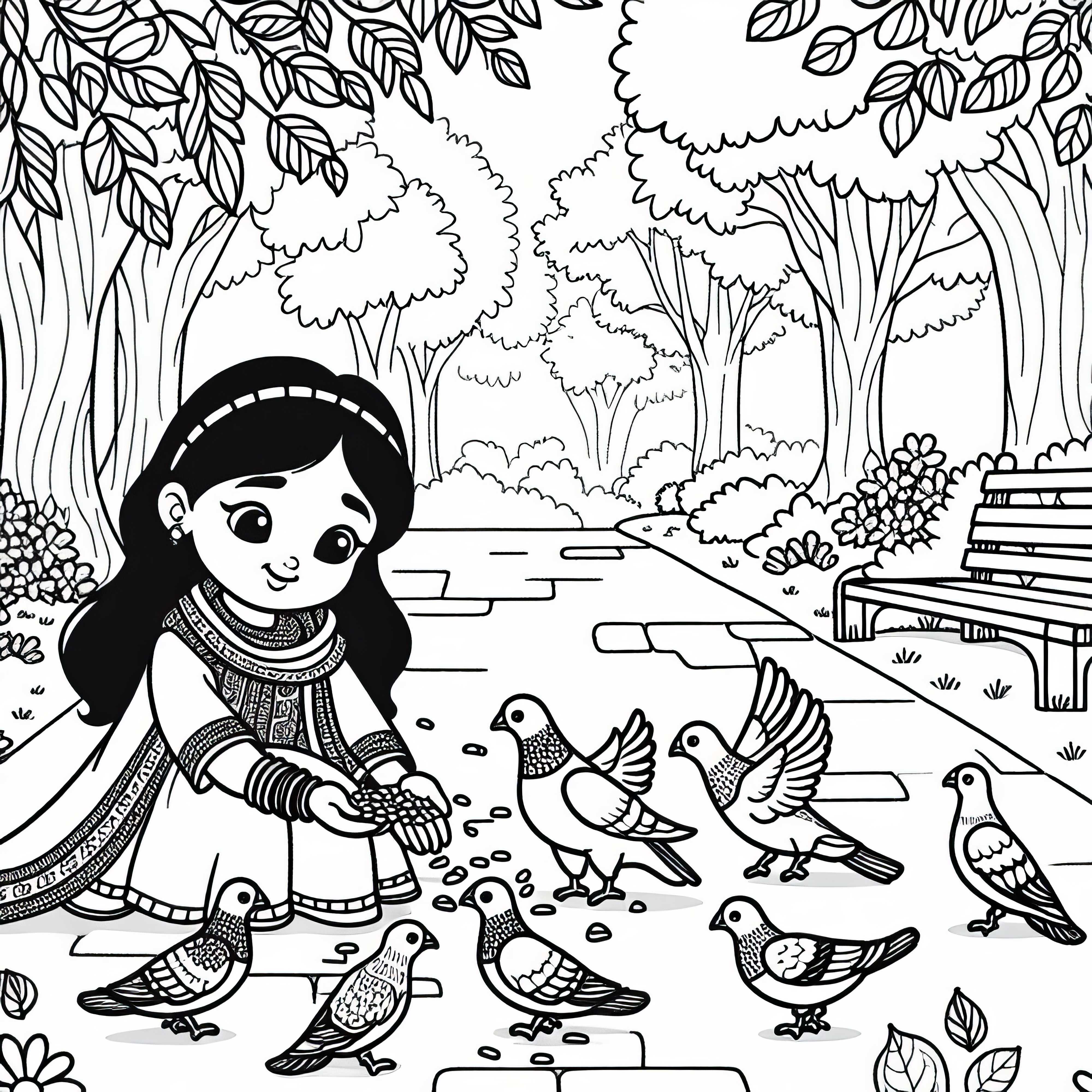 Niña alimenta a los pájaros con granos en el camino del parque - Plantilla de colorear de otoño gratis