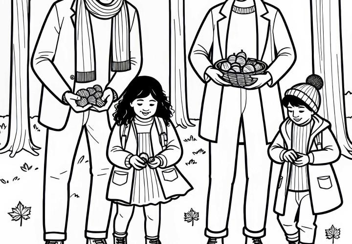 Familia recolecta castañas y bellotas en el bosque - Plantilla para colorear otoño gratuita