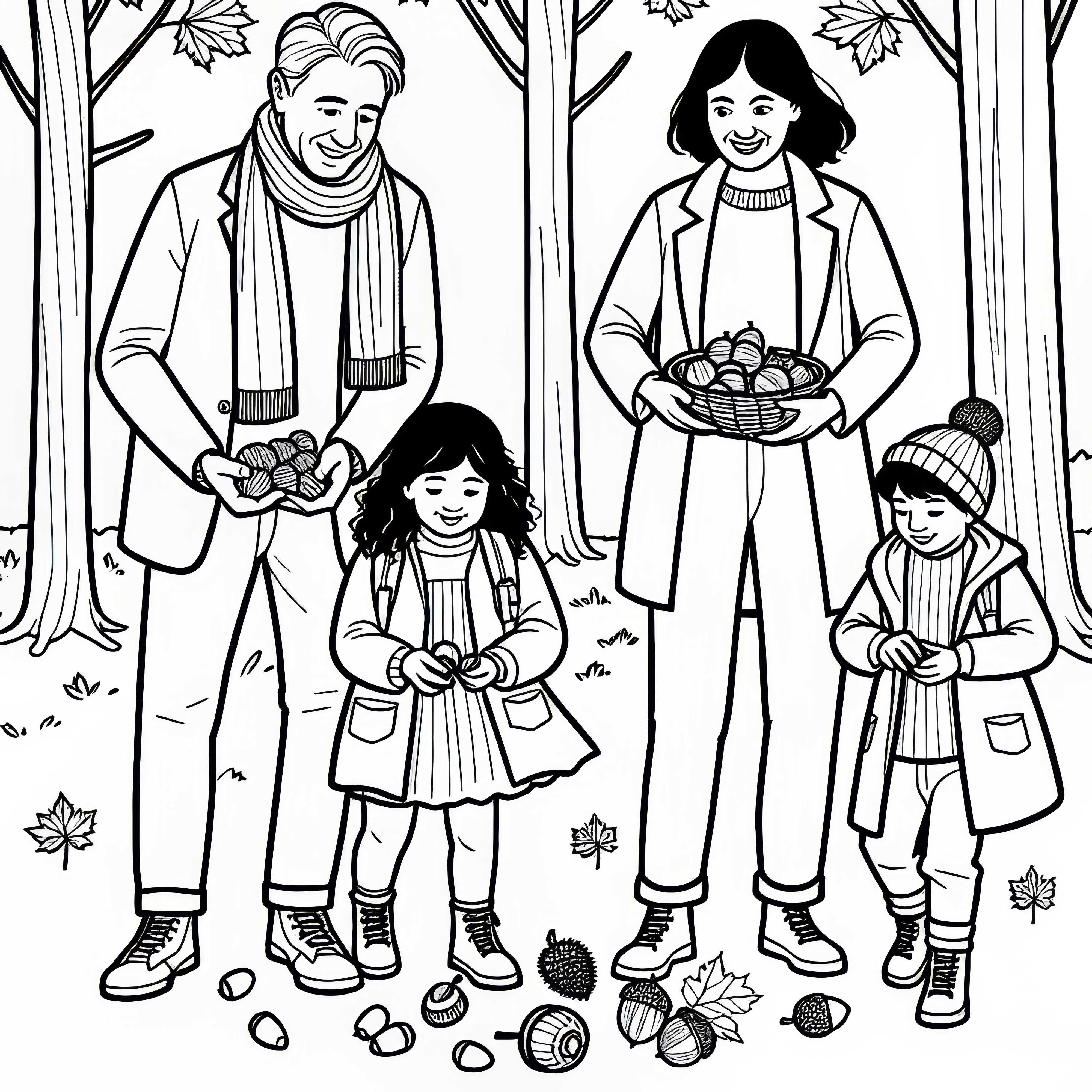 Familia recogiendo castañas y bellotas en el bosque - Plantilla para colorear de otoño gratis