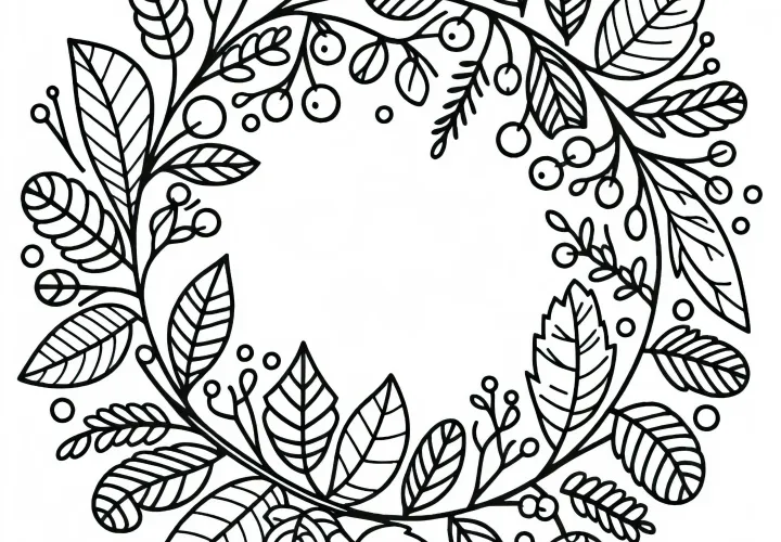 Couronne automnale en feuilles et baies - Modèle de coloriage automnal gratuit