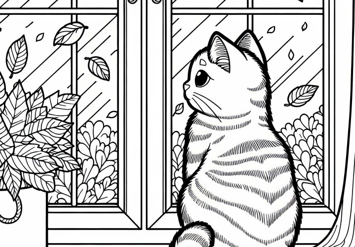Kucing duduk di jendela dan mengamati daun-daun yang jatuh - Template mewarnai musim gugur gratis