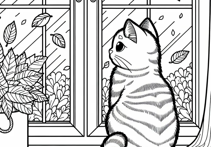 Un chat est assis à la fenêtre et observe les feuilles qui tombent - Page à colorier d'automne gratuite