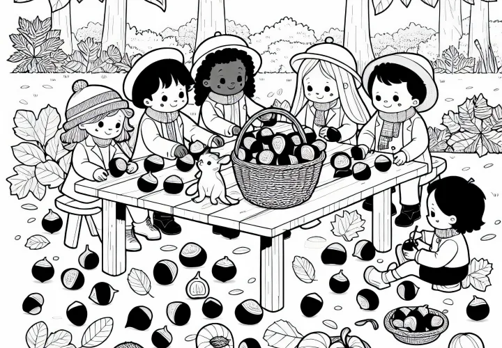 Les enfants bricolent avec des marrons à la table de jardin – Modèle de coloriage automnal gratuit