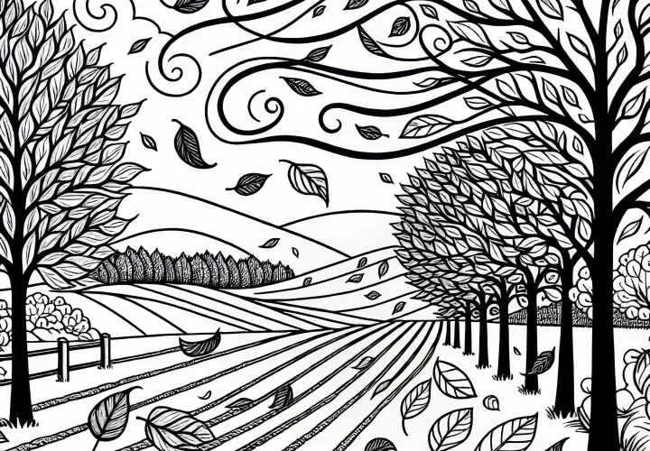 Le vent d'automne fait tourbillonner les feuilles à travers l'allée - Modèle de coloriage automnal gratuit