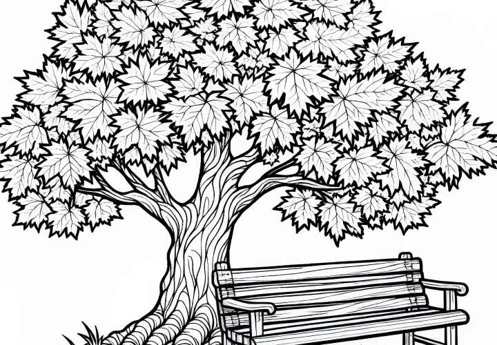 Ancienne banc en bois sous un érable plein de feuillage modèle de coloriage automnal gratuit
