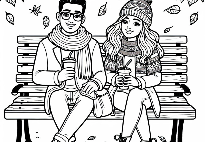 Dos amigos beben cacao en un banco en el parque - Plantilla para colorear otoño gratis