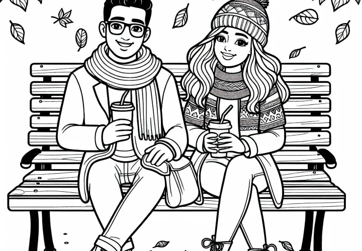 Deux amis boivent du cacao sur un banc dans le parc - coloriage automnal gratuit