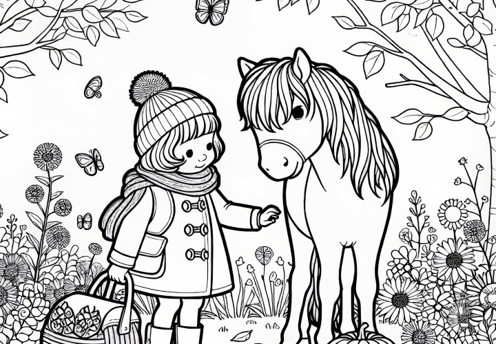Niño acaricia pony plantilla para colorear otoño gratis