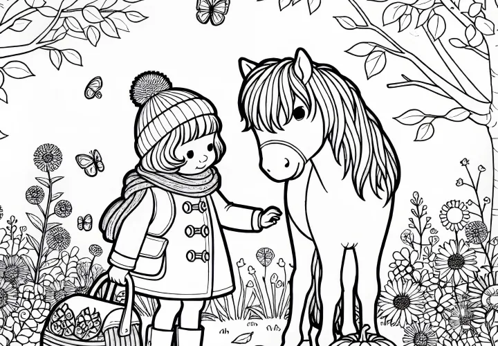 Enfant caresse le poney modèle de coloriage automne gratuit