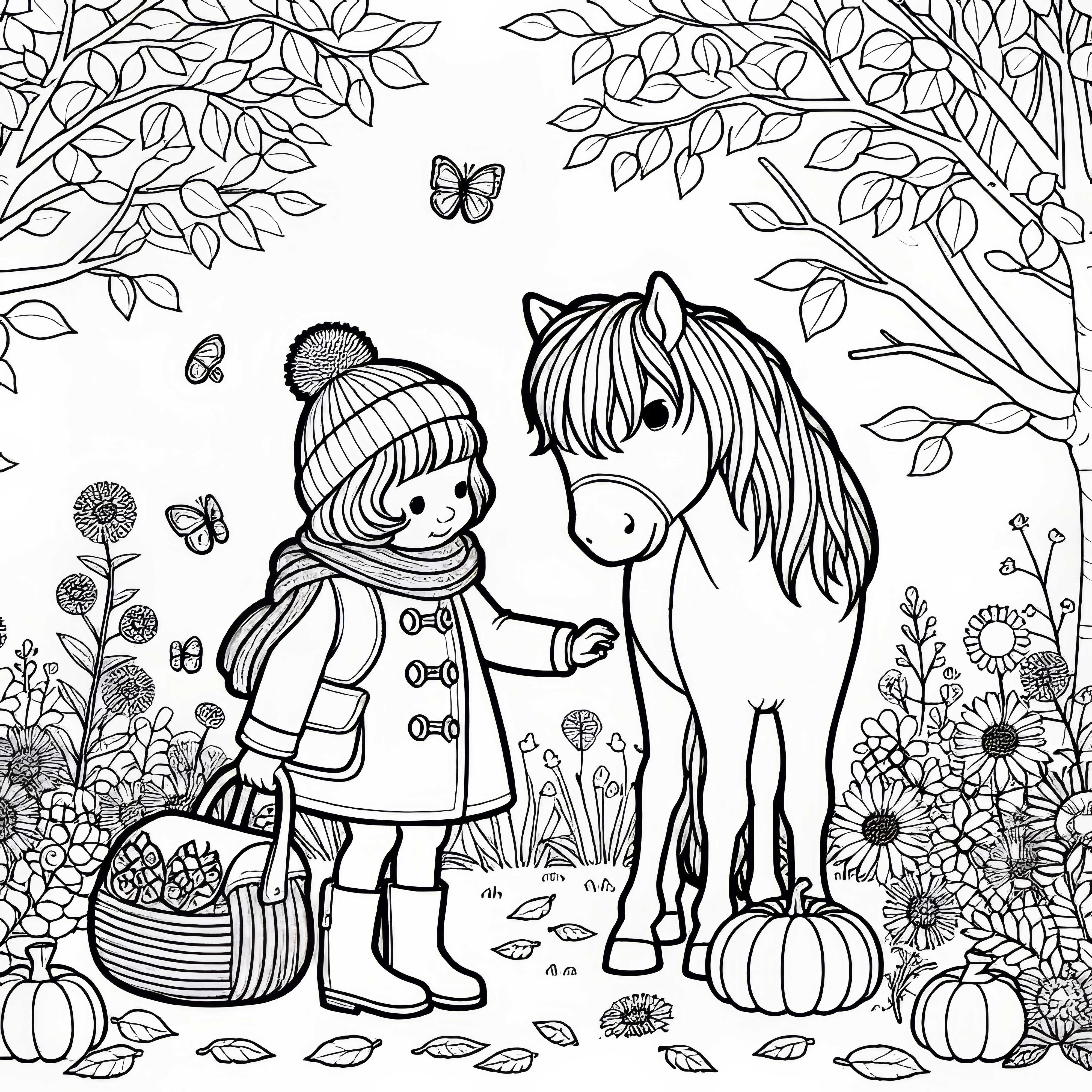 Niño acariciando un pony plantilla para colorear otoño gratis