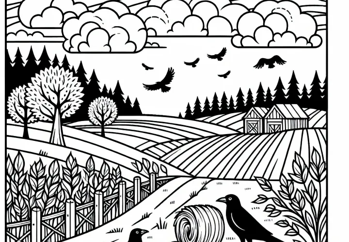 Paysage silencieux avec chemin de terre, champ récolté et corbeaux - Page à colorier pour l'automne