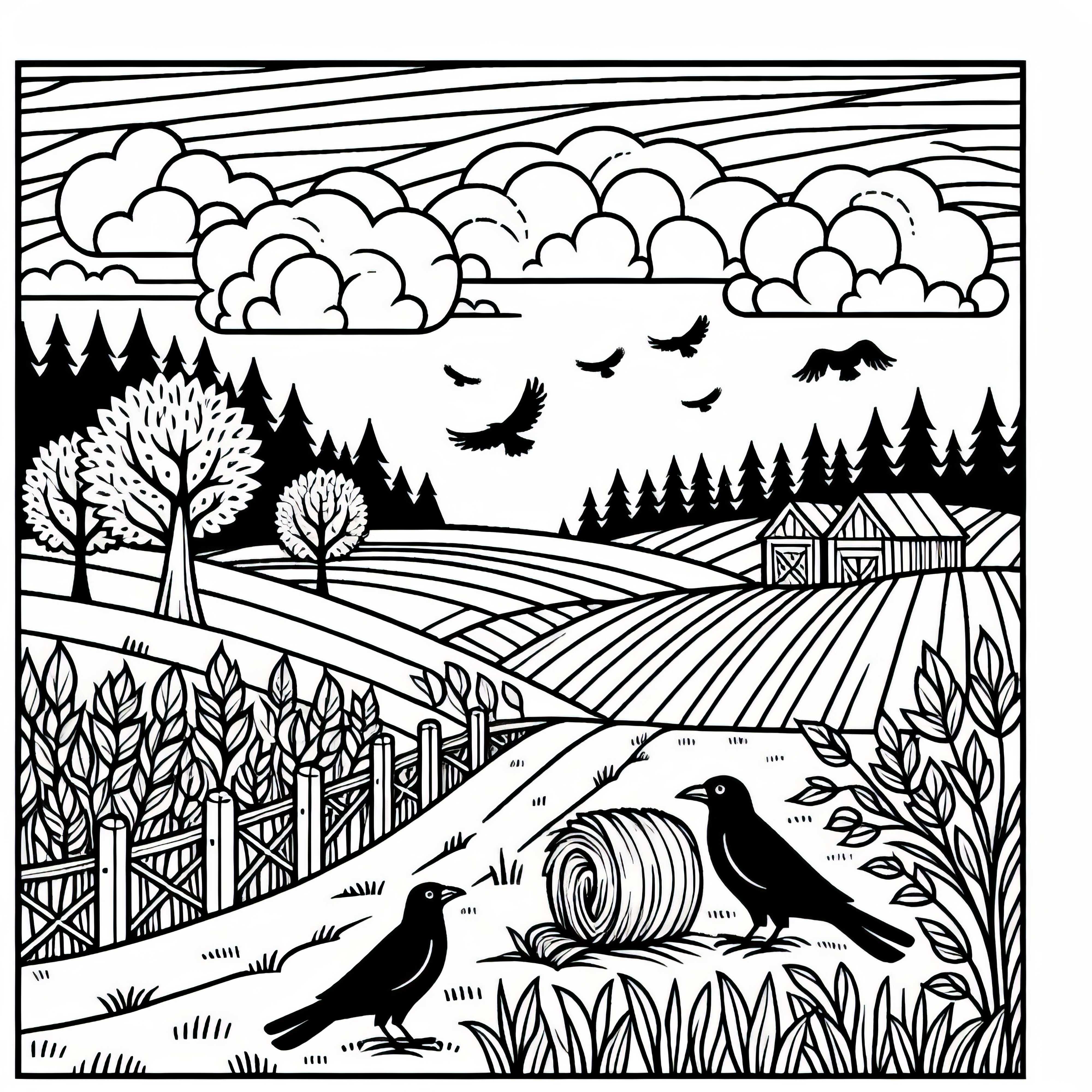 Paisaje tranquilo con camino de campo, campo cosechado y cuervos - plantilla para colorear de otoño