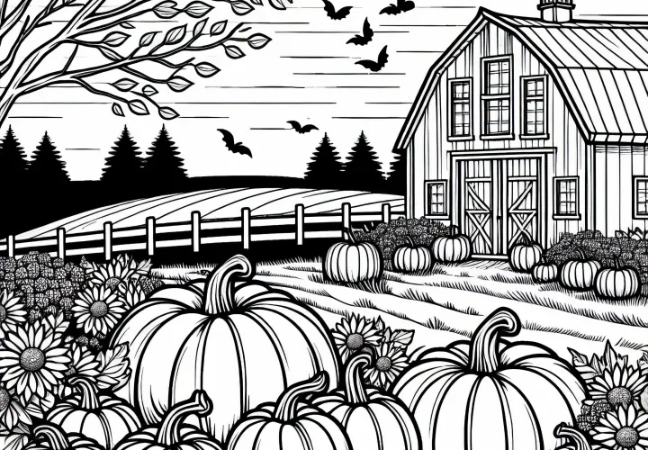 Des citrouilles devant une grange au crépuscule - Chanson à colorier d'automne gratuite