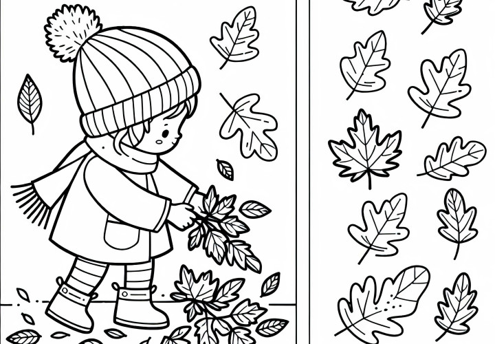 El niño recoge hojas para el herbario - Plantilla para colorear de otoño gratis