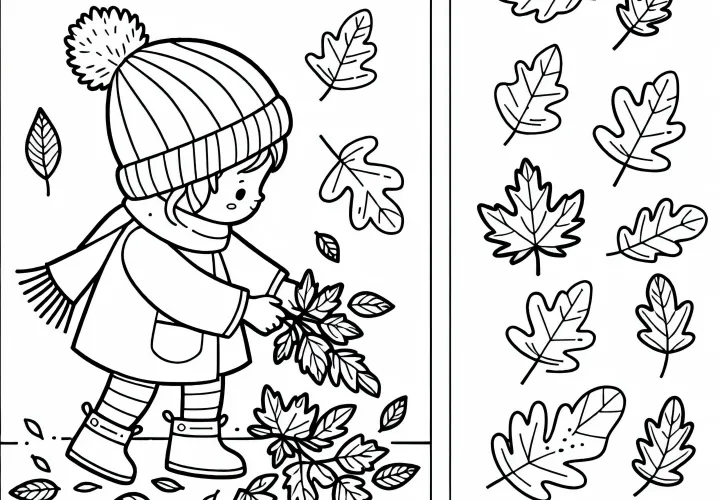 L'enfant collecte des feuilles pour un herbier - Modèle de coloriage automnal gratuit
