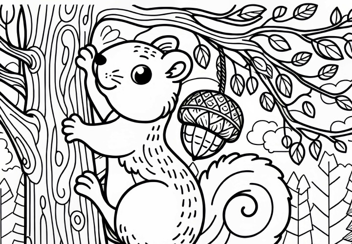 Squirrel memanjat pohon - Lembar mewarnai untuk musim gugur
