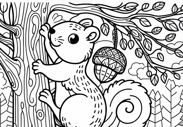 Un écureuil grimpe à l'arbre – Dessin à colorier pour l'automne