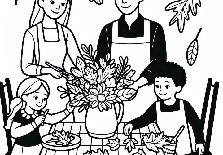 Familia prepara ramo de flores para la mesa del comedor - Plantilla para colorear de otoño gratuita