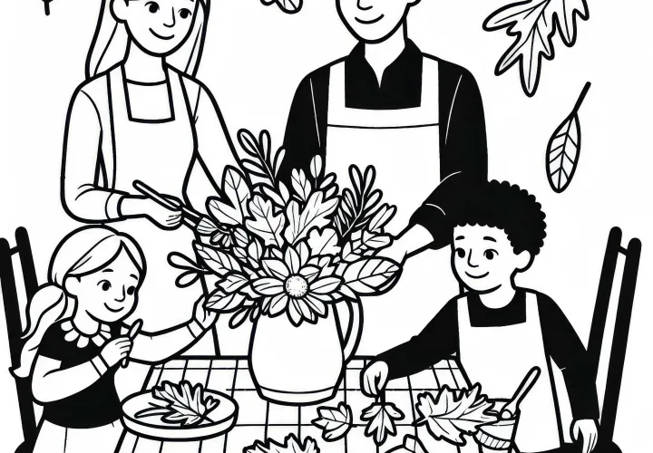 La famille prépare un bouquet de fleurs pour la table à manger – Modèle à colorier automnal gratuit