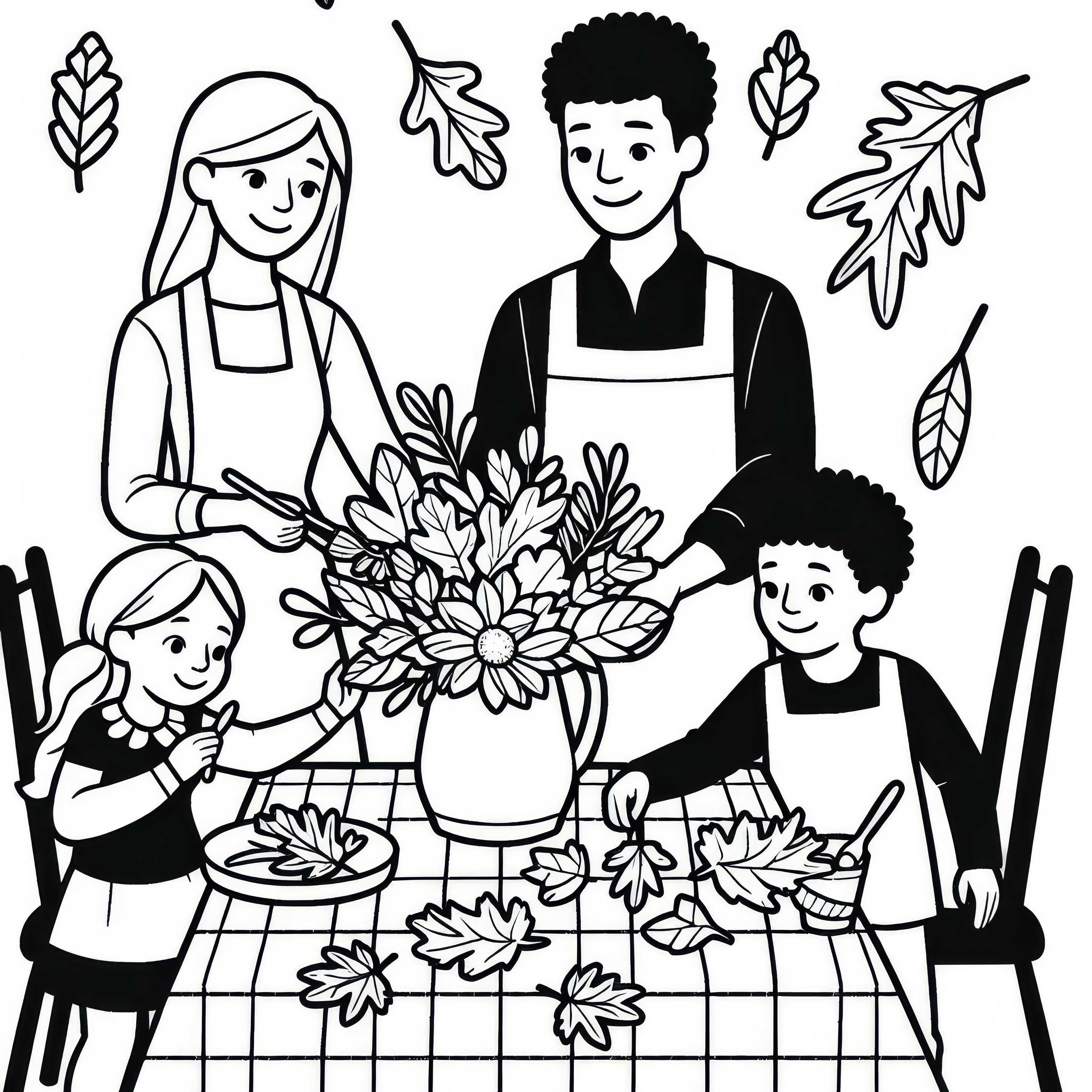 La familia prepara un ramo de flores para la mesa del comedor - Plantilla para colorear otoño gratis